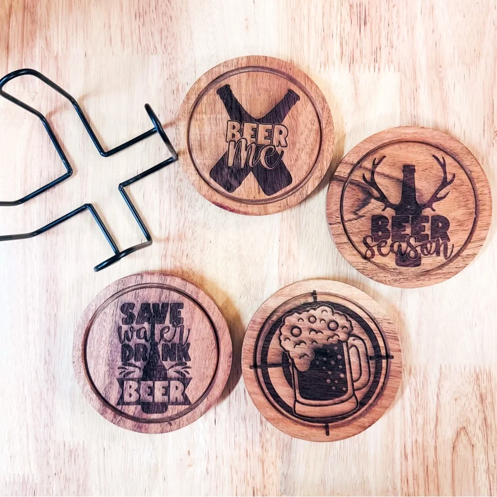 Rustic Wooden Coaster Set - Funny Beer Engraved Designs with Holder